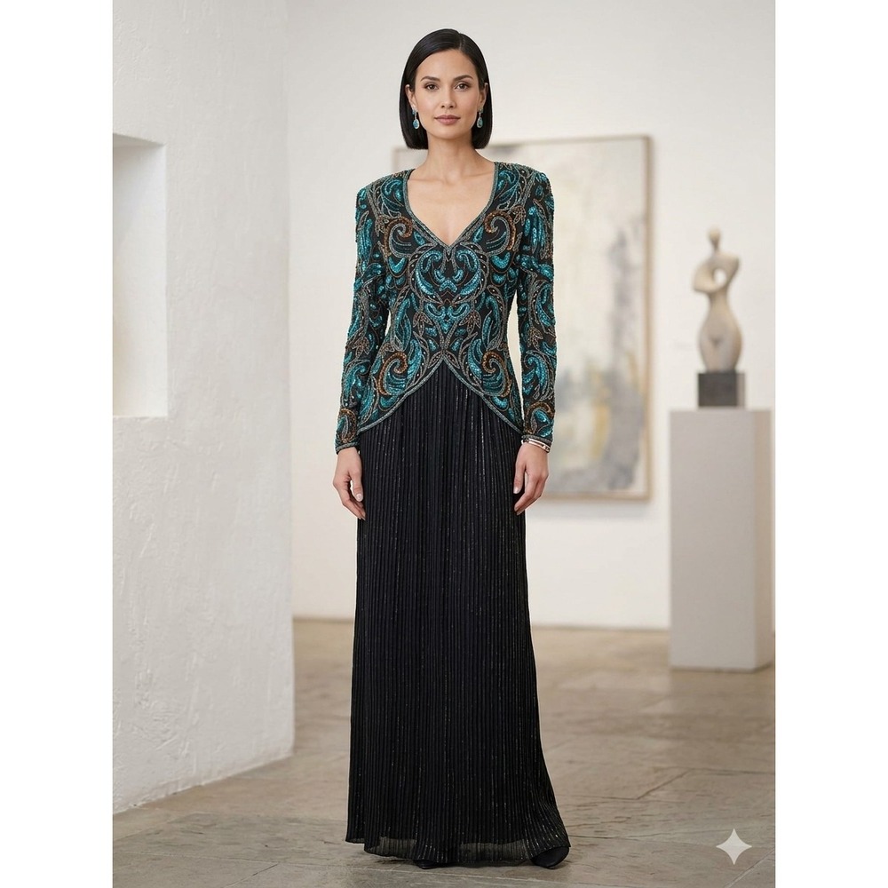 Vintage Scala Silk Beaded Sequin Evening Gown Art Deco Formal Dress Size S Glam